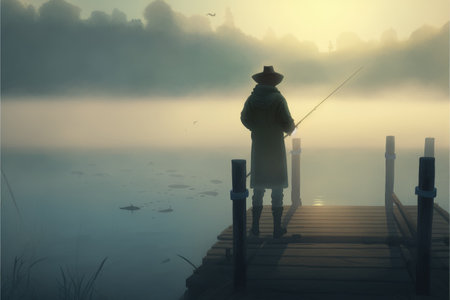 A man fishing in the lake during a misty dawn. Fantasy concept, Illustration painting. Generative AIの素材