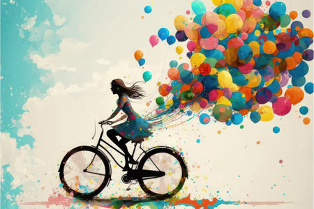A woman riding a bicycle with colorful balloons in the sky. Fantasy concept, Illustration painting. Generative AIの素材