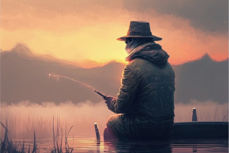 A man fishing in the lake during a misty dawn. Fantasy concept, Illustration painting. Generative AIの素材