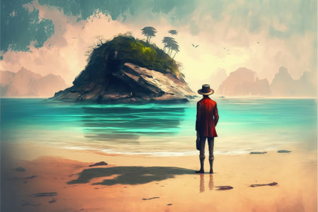 castaway stranded on an island beach. Fantasy concept, Illustration painting. Generative AIの素材