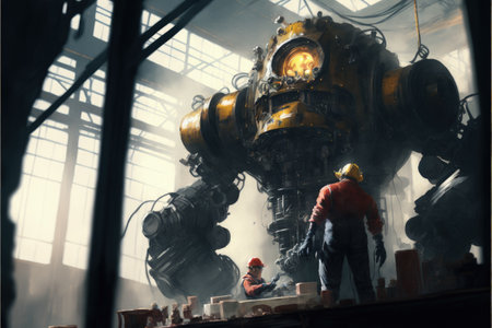 mechanical engineers repairing colossal robot in factory setting. Fantasy concept, Illustration painting. Generative AIの素材