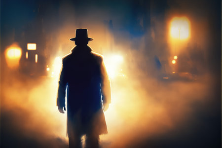 Enigmatic male standing on pavement. Fantasy concept, Illustration painting. Generative AIの素材