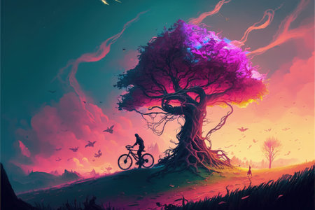 Biker cycling in meadow with imaginative tree and multicolored firmament. Fantasy concept, Illustration painting. Generative AIの素材
