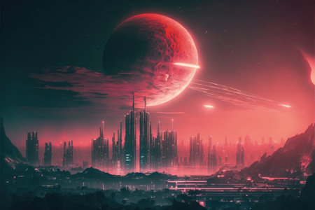 Nocturnal cityscape of futuristic metropolis with crimson planet in background. Fantasy concept, Illustration painting. Generative AIの素材