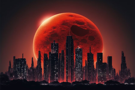 Nocturnal cityscape of futuristic metropolis with crimson planet in background. Fantasy concept, Illustration painting. Generative AIの素材