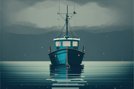 Vessel on ocean with overcast sky in the background. Fantasy concept, Illustration painting. Generative AIの素材