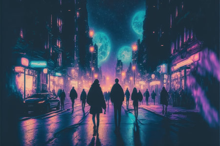 Crowd strolling in the futuristic city at nightfall with multicolored illumination. Fantasy concept, Illustration painting. Generative AIの素材