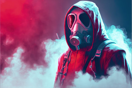 Futuristic figure of crimson respirator man standing in ivory mist. Fantasy concept, Illustration painting. Generative AIの素材