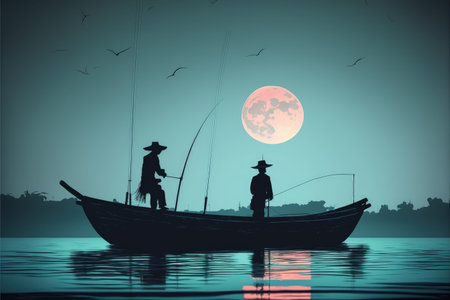 Silhouette of anglers with fishing rod on vessel and vast moon in the background. Fantasy concept, Illustration painting. Generative AIの素材