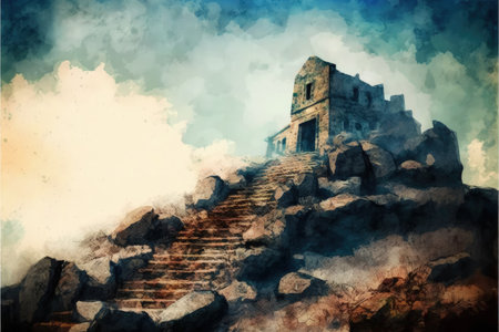 Breathtaking scenery of stone staircase leading to ancient buildings atop the hill. Fantasy concept, Illustration painting. Generative AIの素材