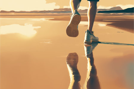 Person's feet jogging on the beach at daybreak. Fantasy concept, Illustration painting. Generative AIの素材