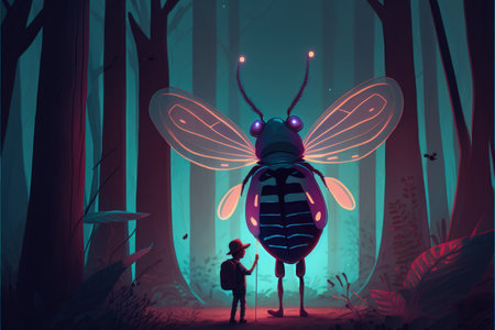 Tiny man directing a large firefly in the forest at night. Fantasy concept, Illustration painting. Generative AIの素材