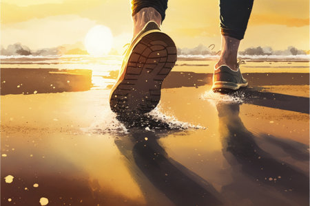 Person's feet jogging on the beach at daybreak. Fantasy concept, Illustration painting. Generative AIの素材