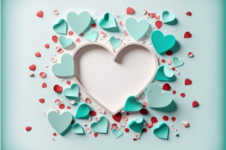 Valentines Day white background decorated with paper hearts. Top view, flat lay concept of love. Fantasy concept, Illustration painting. Generative AIの素材
