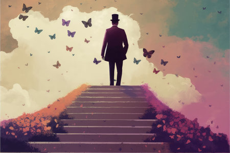 Young man standing on top of the stairs in the garden with a swarm of butterflies. Fantasy concept, Illustration painting. Generative AIの素材