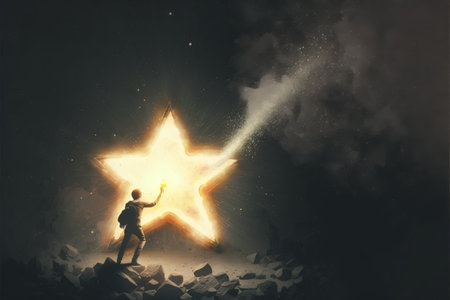 Fantasy character smashing star with stardust creator device. Fantasy concept, Illustration painting. Generative AIの素材