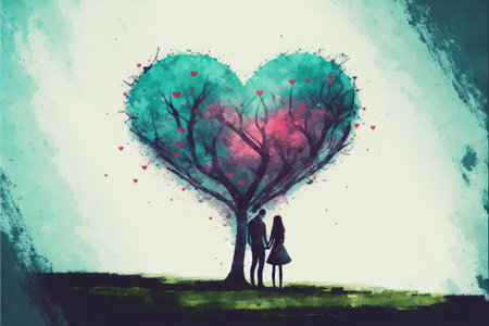 Valentine's Day drawing of couple by heart-shaped tree. Fantasy concept, Illustration painting. Generative AIの素材