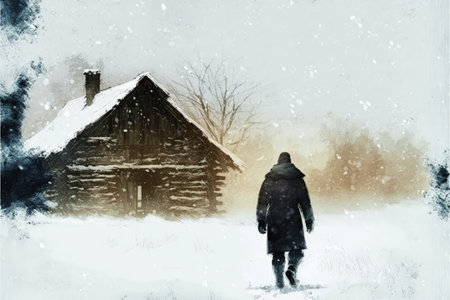 Snowy weather with a man walking towards the log house. Fantasy concept, Illustration painting. Generative AIの素材
