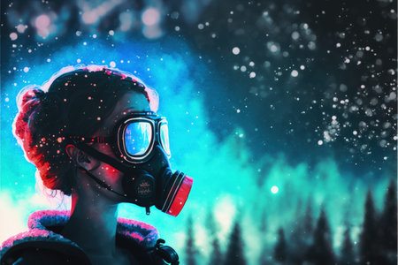 Winter outdoor portrait of a young lady with a gas mask and bokeh lights in the background. Fantasy concept, Illustration painting. Generative AIの素材