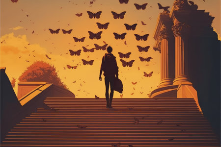 Young man standing on top of the stairs in the garden with a swarm of butterflies. Fantasy concept, Illustration painting. Generative AIの素材