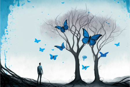 Young man gazing at enormous blue butterflies perched on tree branch. Fantasy concept, Illustration painting. Generative AIの素材