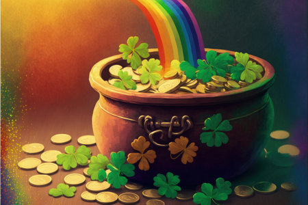 Pot full of gold coins, shamrock leaves, and rainbow - St. Patrick's Day idea. Fantasy concept, Illustration painting. Generative AIの素材