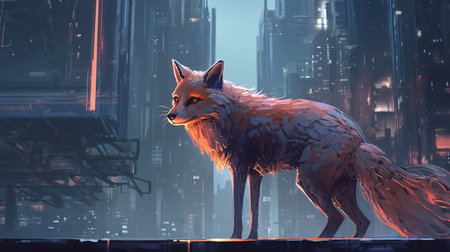 A cybernetic fox darting across rooftops Fantasy concept , Illustration painting. Generative AIの素材