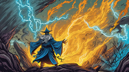 A sorcerer summoning a thunderstorm. Fantasy concept, Illustration painting. Generative AIの素材