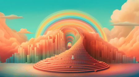 A surreal landscape with a staircase made of rainbows. Fantasy concept, Illustration painting. Generative AIの素材