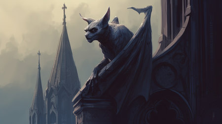 Gargoyle perched on a cathedral spire. Fantasy concept, Illustration painting. Generative AIの素材