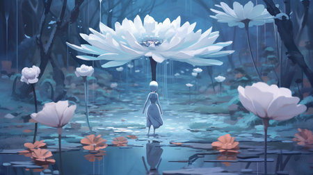 A little girl in a white dress stands on the river near a huge white flower. Fantasy concept, Illustration painting. Generative AIの素材
