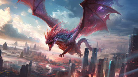 A dragon flying over a futuristic city. Fantasy concept, Illustration painting. Generative AIの素材
