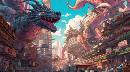 A futuristic city with dragons perched on the skyscrapers. Fantasy concept, Illustration painting. Generative AIの素材