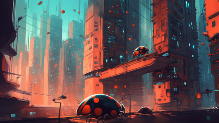 A futuristic city with robotic ladybug drones. Fantasy concept, Illustration painting. Generative AIの素材