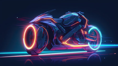 A futuristic motorcycle with a neon trail. Fantasy concept, Illustration painting. Generative AIの素材