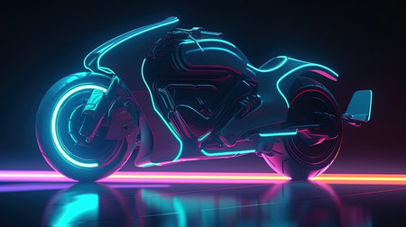 A futuristic motorcycle with a neon trail. Fantasy concept, Illustration painting. Generative AIの素材
