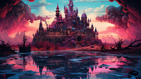 A giant castle floating in a surreal landscape. Fantasy concept, Illustration painting. Generative AIの素材