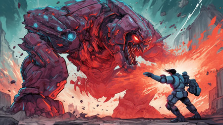 A giant robot battling a giant monster. Fantasy concept, Illustration painting. Generative AIの素材
