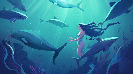 A graceful mermaid swimming with a pod of dolphins in the ocean. Fantasy concept, Illustration painting. Generative AIの素材