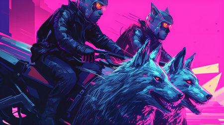 A group of rebels riding on cybernetic wolves. Fantasy concept, Illustration painting. Generative AIの素材