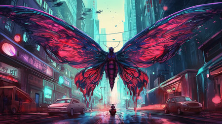 A giant butterfly in the surreal night city. Fantasy concept, Illustration painting. Generative AIの素材