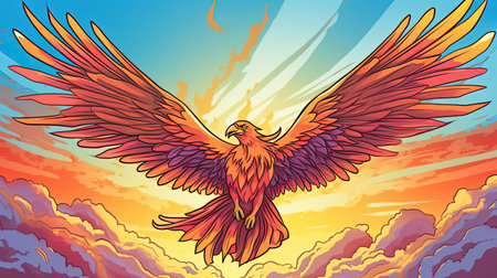 A cartoon phoenix flying through the sky. Fantasy concept, Illustration painting. Generative AIの素材