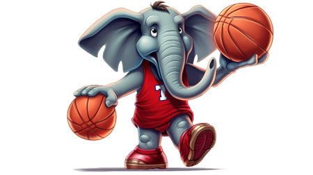 Elephant playing basketball on white background. Cartoon illustration, Generative AIの素材