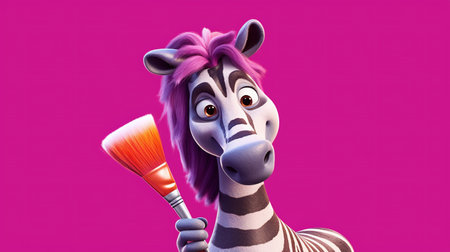 Zebra with a paintbrush and palette on pink background. cartoon character. Cartoon illustration, Generative AIの素材