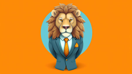 Lion wearing a suit and tie on orange background. cartoon character. Cartoon illustration, Generative AIの素材