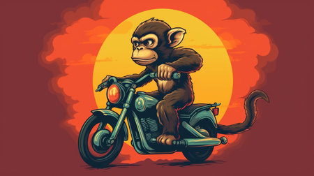 Monkey riding a motorcycle on orange background. cartoon character. Cartoon illustration, Generative AIの素材