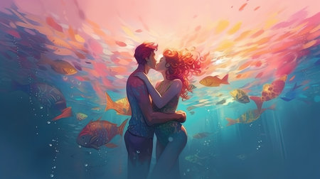 A mermaid and a sailor falling in love. Fantasy concept, Illustration painting. Generative AIの素材