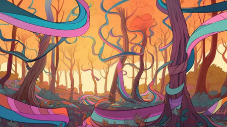 A surreal forest with trees made of ribbons. Fantasy concept, Illustration painting. Generative AIの素材