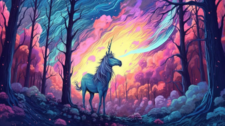 A magical unicorn forest with a moonlit sky. Fantasy concept, Illustration painting. Generative AIの素材