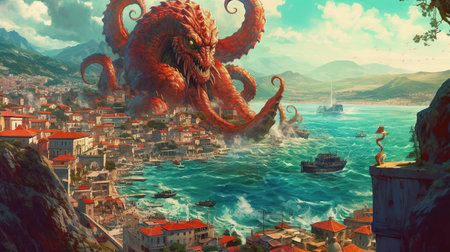 A hydra attacking a coastal city. Fantasy concept, Illustration painting. Generative AIの素材